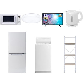 家電セット 寮 オフィス 事務所 新生活家電 7点セット (6kg洗濯機 106L冷蔵庫 電子レンジ シーリングライト 32型液晶テレビ 電気ケトル 家電収納ラック) YAMAZEN(山善)