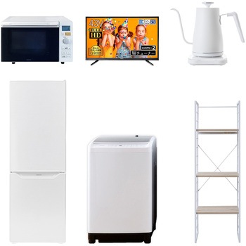 家電セット 寮 オフィス 事務所 新生活家電 6点セット (8kg洗濯機 173L冷蔵庫 オーブンレンジ 43型液晶テレビ 温調ケトル 家電収納ラック) YAMAZEN(山善)