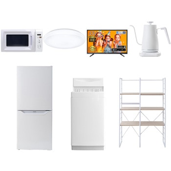 家電セット 寮 オフィス 事務所 新生活家電 7点セット (6kg洗濯機 106L冷蔵庫 電子レンジ シーリングライト 43型液晶テレビ 温調ケトル 家電収納ラック) YAMAZEN(山善)