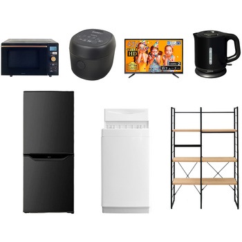 家電セット 寮 オフィス 事務所 新生活家電 7点セット (6kg洗濯機 106L冷蔵庫 オーブンレンジ 炊飯器 43型液晶テレビ 電気ケトル 家電収納ラック) YAMAZEN(山善)