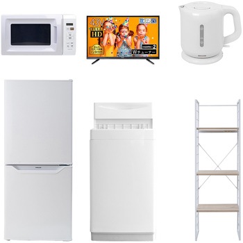 家電セット 寮 オフィス 事務所 新生活家電 6点セット (6kg洗濯機 106L冷蔵庫 電子レンジ 43型液晶テレビ 電気ケトル 家電収納ラック) YAMAZEN(山善)