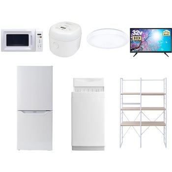 家電セット 寮 オフィス 事務所 新生活家電 7点セット (6kg洗濯機 106L冷蔵庫 電子レンジ 炊飯器 シーリングライト 32型液晶テレビ 家電収納ラック) YAMAZEN(山善)