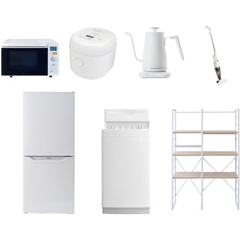 106L6D81/CW7テンW 家電セット 寮 オフィス 事務所 新生活家電 7点セット (6kg洗濯機 106L冷蔵庫 オーブンレンジ 炊飯器 温調ケトル スティッククリーナー 家電収納ラック) YAMAZEN(山善) 64638204