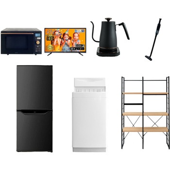 106L6/4381/SW7テ 家電セット 寮 オフィス 事務所 新生活家電 7点セット (6kg洗濯機 106L冷蔵庫 オーブンレンジ 43型液晶テレビ 温調ケトル 軽量クリーナー 家電収納ラック) YAMAZEN(山善) 64640058
