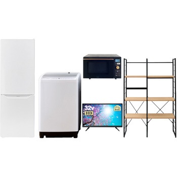家電セット 寮 オフィス 事務所 新生活家電 5点セット (8kg洗濯機 173L冷蔵庫 オーブンレンジ 32型液晶テレビ 家電収納ラック) YAMAZEN(山善)