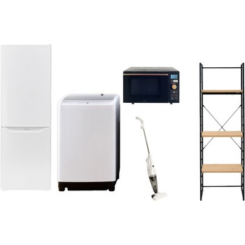 173LZCスリム5テンBK2 家電セット 寮 オフィス 事務所 新生活家電 5点セット (8kg洗濯機 173L冷蔵庫 オーブンレンジ スティッククリーナー 家電収納ラック) YAMAZEN(山善) 64641169