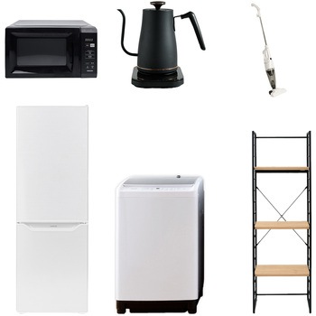 173L81ZCスリム6テンB 家電セット 寮 オフィス 事務所 新生活家電 6点セット (8kg洗濯機 173L冷蔵庫 電子レンジ 温調ケトル スティッククリーナー 家電収納ラック) YAMAZEN(山善) 64642009