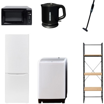 173LDKZSスリム6テンB 家電セット 寮 オフィス 事務所 新生活家電 6点セット (8kg洗濯機 173L冷蔵庫 電子レンジ 電気ケトル 軽量クリーナー 家電収納ラック) YAMAZEN(山善) 64642054