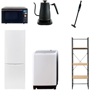 173L81ZSS6テンBK2 家電セット 寮 オフィス 事務所 新生活家電 6点セット (8kg洗濯機 173L冷蔵庫 オーブンレンジ 温調ケトル 軽量クリーナー 家電収納ラック) YAMAZEN(山善) 64642447