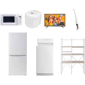 家電セット 寮 オフィス 事務所 新生活家電 7点セット (6kg洗濯機 106L冷蔵庫 電子レンジ 炊飯器 43型液晶テレビ スティッククリーナー 家電収納ラック) YAMAZEN(山善)