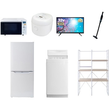 106L6D32VSW7テンW 家電セット 寮 オフィス 事務所 新生活家電 7点セット (6kg洗濯機 106L冷蔵庫 オーブンレンジ 炊飯器 32型液晶テレビ 軽量クリーナー 家電収納ラック) YAMAZEN(山善) 64642727