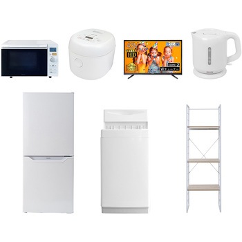 家電セット 寮 オフィス 事務所 新生活家電 7点セット (6kg洗濯機 106L冷蔵庫 オーブンレンジ 炊飯器 43型液晶テレビ 電気ケトル 家電収納ラック) YAMAZEN(山善)