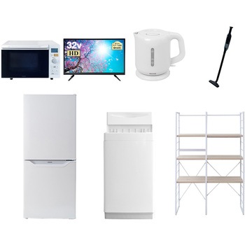 106L6/32DSW7テンW 家電セット 寮 オフィス 事務所 新生活家電 7点セット (6kg洗濯機 106L冷蔵庫 オーブンレンジ 32型液晶テレビ 電気ケトル 軽量クリーナー 家電収納ラック) YAMAZEN(山善) 64645615