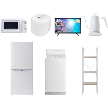 106L6D3281/S7テン 家電セット 寮 オフィス 事務所 新生活家電 7点セット (6kg洗濯機 106L冷蔵庫 電子レンジ 炊飯器 32型液晶テレビ 温調ケトル 家電収納ラック) YAMAZEN(山善) 64646297