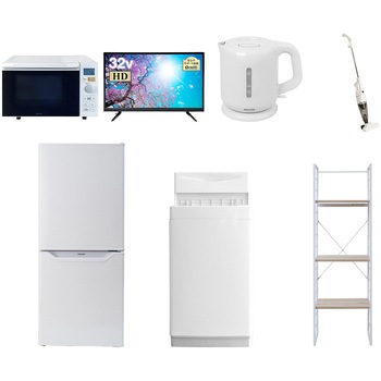 106L6/32DCS7テンW 家電セット 寮 オフィス 事務所 新生活家電 7点セット (6kg洗濯機 106L冷蔵庫 オーブンレンジ 32型液晶テレビ 電気ケトル スティッククリーナー 家電収納ラック) YAMAZEN(山善) 64646324