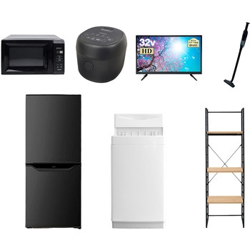 106L6D32SS7テン5B 家電セット 寮 オフィス 事務所 新生活家電 7点セット (6kg洗濯機 106L冷蔵庫 電子レンジ 炊飯器 32型液晶テレビ 軽量クリーナー 家電収納ラック) YAMAZEN(山善) 64646376