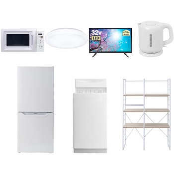 家電セット 寮 オフィス 事務所 新生活家電 7点セット (6kg洗濯機 106L冷蔵庫 電子レンジ シーリングライト 32型液晶テレビ 電気ケトル 家電収納ラック) YAMAZEN(山善)
