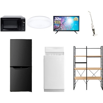 106L6LC32TVZCW7 家電セット 寮 オフィス 事務所 新生活家電 7点セット (6kg洗濯機 106L冷蔵庫 電子レンジ シーリングライト 32型液晶テレビ スティッククリーナー 家電収納ラック) YAMAZEN(山善) 64646534