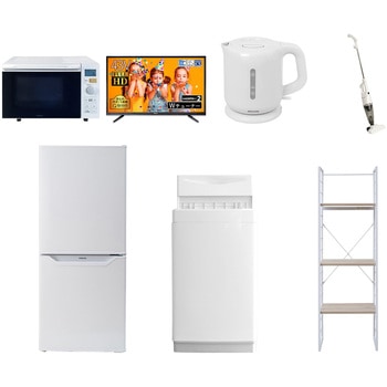 106L6/43DCS7テンW 家電セット 寮 オフィス 事務所 新生活家電 7点セット (6kg洗濯機 106L冷蔵庫 オーブンレンジ 43型液晶テレビ 電気ケトル スティッククリーナー 家電収納ラック) YAMAZEN(山善) 64648625