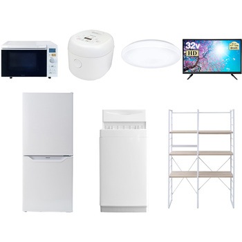 家電セット 寮 オフィス 事務所 新生活家電 7点セット (6kg洗濯機 106L冷蔵庫 オーブンレンジ 炊飯器 シーリングライト 32型液晶テレビ 家電収納ラック) YAMAZEN(山善)