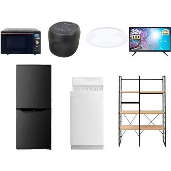 家電セット 寮 オフィス 事務所 新生活家電 7点セット (6kg洗濯機 106L冷蔵庫 オーブンレンジ 炊飯器 シーリングライト 32型液晶テレビ 家電収納ラック) YAMAZEN(山善)