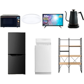106L6L3281/W7テン 家電セット 寮 オフィス 事務所 新生活家電 7点セット (6kg洗濯機 106L冷蔵庫 オーブンレンジ シーリングライト 32型液晶テレビ 温調ケトル 家電収納ラック) YAMAZEN(山善) 64648686
