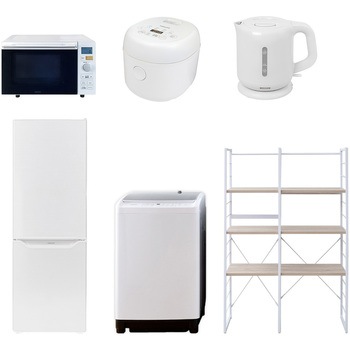 173LDMDKW6テンWH3 家電セット 寮 オフィス 事務所 新生活家電 6点セット (8kg洗濯機 173L冷蔵庫 オーブンレンジ 炊飯器 電気ケトル 家電収納ラック) YAMAZEN(山善) 64650007