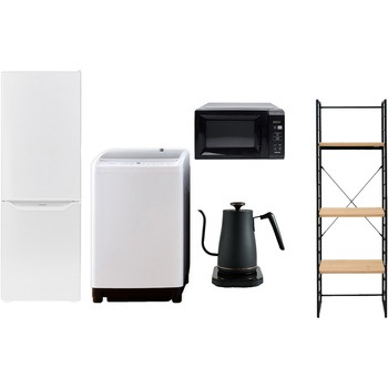 173L81スリム5テン2BK 家電セット 寮 オフィス 事務所 新生活家電 5点セット (8kg洗濯機 173L冷蔵庫 電子レンジ 温調ケトル 家電収納ラック) YAMAZEN(山善) 64650384