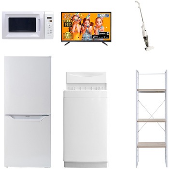 家電セット 寮 オフィス 事務所 新生活家電 6点セット (6kg洗濯機 106L冷蔵庫 電子レンジ 43型液晶テレビ スティッククリーナー 家電収納ラック) YAMAZEN(山善)