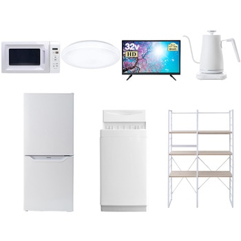 家電セット 寮 オフィス 事務所 新生活家電 7点セット (6kg洗濯機 106L冷蔵庫 電子レンジ シーリングライト 32型液晶テレビ 温調ケトル 家電収納ラック) YAMAZEN(山善)