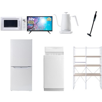 106L6/32TV81ZSW 家電セット 寮 オフィス 事務所 新生活家電 7点セット (6kg洗濯機 106L冷蔵庫 電子レンジ 32型液晶テレビ 温調ケトル 軽量クリーナー 家電収納ラック) YAMAZEN(山善) 64651529