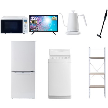 家電セット 寮 オフィス 事務所 新生活家電 7点セット (6kg洗濯機 106L冷蔵庫 オーブンレンジ 32型液晶テレビ 温調ケトル 軽量クリーナー 家電収納ラック) YAMAZEN(山善)
