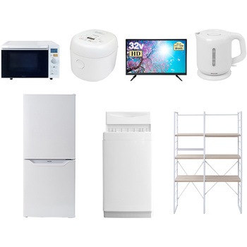 家電セット 寮 オフィス 事務所 新生活家電 7点セット (6kg洗濯機 106L冷蔵庫 オーブンレンジ 炊飯器 32型液晶テレビ 電気ケトル 家電収納ラック) YAMAZEN(山善)