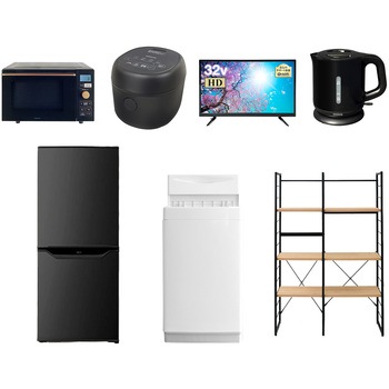 家電セット 寮 オフィス 事務所 新生活家電 7点セット (6kg洗濯機 106L冷蔵庫 オーブンレンジ 炊飯器 32型液晶テレビ 電気ケトル 家電収納ラック) YAMAZEN(山善)