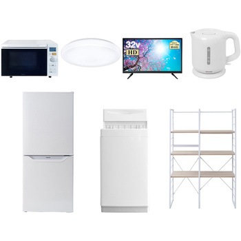 106L6L32VDW7テンW 家電セット 寮 オフィス 事務所 新生活家電 7点セット (6kg洗濯機 106L冷蔵庫 オーブンレンジ シーリングライト 32型液晶テレビ 電気ケトル 家電収納ラック) YAMAZEN(山善) 64651644