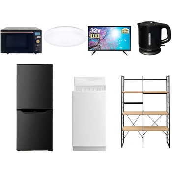 106L6L32VDW7テンB 家電セット 寮 オフィス 事務所 新生活家電 7点セット (6kg洗濯機 106L冷蔵庫 オーブンレンジ シーリングライト 32型液晶テレビ 電気ケトル 家電収納ラック) YAMAZEN(山善) 64651669