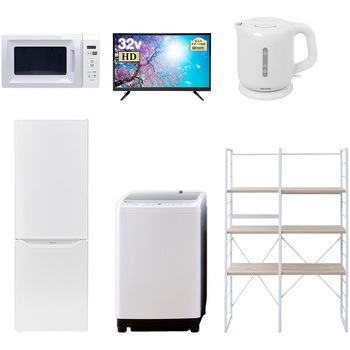 家電セット 寮 オフィス 事務所 新生活家電 6点セット (8kg洗濯機 173L冷蔵庫 電子レンジ 32型液晶テレビ 電気ケトル 家電収納ラック) YAMAZEN(山善)