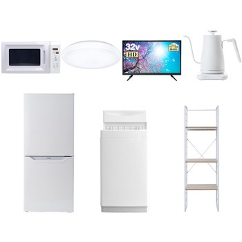 106L6LC32TV81S7 家電セット 寮 オフィス 事務所 新生活家電 7点セット (6kg洗濯機 106L冷蔵庫 電子レンジ シーリングライト 32型液晶テレビ 温調ケトル 家電収納ラック) YAMAZEN(山善) 64652028
