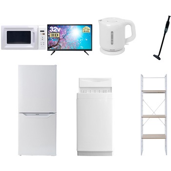 家電セット 寮 オフィス 事務所 新生活家電 7点セット (6kg洗濯機 106L冷蔵庫 電子レンジ 32型液晶テレビ 電気ケトル 軽量クリーナー 家電収納ラック) YAMAZEN(山善)