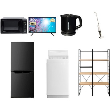 106L6/32TVDKZCW 家電セット 寮 オフィス 事務所 新生活家電 7点セット (6kg洗濯機 106L冷蔵庫 電子レンジ 32型液晶テレビ 電気ケトル スティッククリーナー 家電収納ラック) YAMAZEN(山善) 64652256