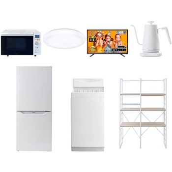 家電セット 寮 オフィス 事務所 新生活家電 7点セット (6kg洗濯機 106L冷蔵庫 オーブンレンジ シーリングライト 43型液晶テレビ 温調ケトル 家電収納ラック) YAMAZEN(山善)