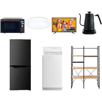 家電セット 寮 オフィス 事務所 新生活家電 7点セット (6kg洗濯機 106L冷蔵庫 オーブンレンジ シーリングライト 43型液晶テレビ 温調ケトル 家電収納ラック) YAMAZEN(山善)