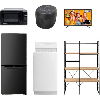 家電セット 寮 オフィス 事務所 新生活家電 6点セット (6kg洗濯機 106L冷蔵庫 電子レンジ 炊飯器 43型液晶テレビ 家電収納ラック) YAMAZEN(山善)