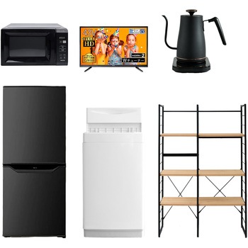 家電セット 寮 オフィス 事務所 新生活家電 6点セット (6kg洗濯機 106L冷蔵庫 電子レンジ 43型液晶テレビ 温調ケトル 家電収納ラック) YAMAZEN(山善)