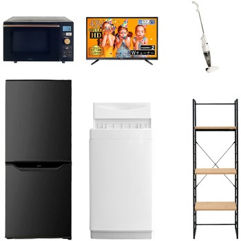 家電セット 寮 オフィス 事務所 新生活家電 6点セット (6kg洗濯機 106L冷蔵庫 オーブンレンジ 43型液晶テレビ スティッククリーナー 家電収納ラック) YAMAZEN(山善)