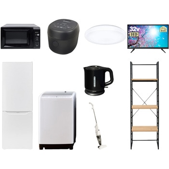 173D32DZCS9テン5B 家電セット 寮 オフィス 事務所 新生活家電 9点セット (8kg洗濯機 173L冷蔵庫 電子レンジ 炊飯器 シーリングライト 32型液晶テレビ 電気ケトル スティッククリーナー 家電収納ラック) YAMAZEN(山善) 64655318