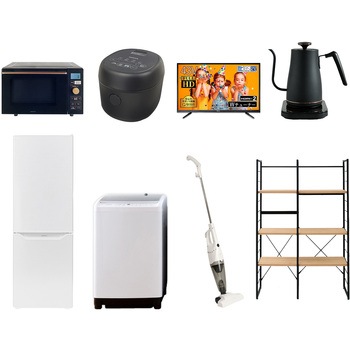 家電セット 寮 オフィス 事務所 新生活家電 8点セット (8kg洗濯機 173L冷蔵庫 オーブンレンジ 炊飯器 43型液晶テレビ 温調ケトル スティッククリーナー 家電収納ラック) YAMAZEN(山善)