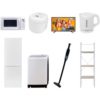 家電セット 寮 オフィス 事務所 新生活家電 8点セット (8kg洗濯機 173L冷蔵庫 電子レンジ 炊飯器 43型液晶テレビ 電気ケトル 軽量クリーナー 家電収納ラック) YAMAZEN(山善)