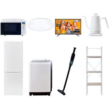 家電セット 寮 オフィス 事務所 新生活家電 8点セット (8kg洗濯機 173L冷蔵庫 オーブンレンジ シーリングライト 43型液晶テレビ 温調ケトル 軽量クリーナー 家電収納ラック) YAMAZEN(山善)