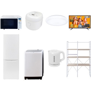 家電セット 寮 オフィス 事務所 新生活家電 8点セット (8kg洗濯機 173L冷蔵庫 オーブンレンジ 炊飯器 シーリングライト 43型液晶テレビ 電気ケトル 家電収納ラック) YAMAZEN(山善)